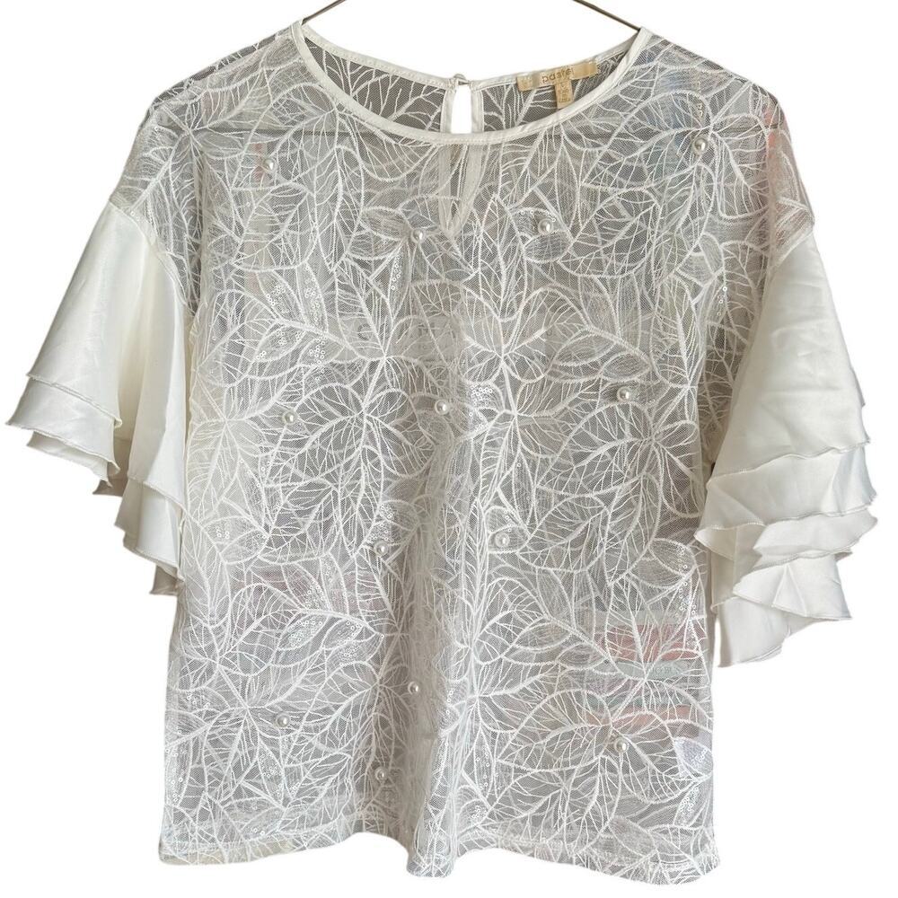 White Sheer Floral Lace Embroidered Applique Sequin Pearls Top Sz L Romantic